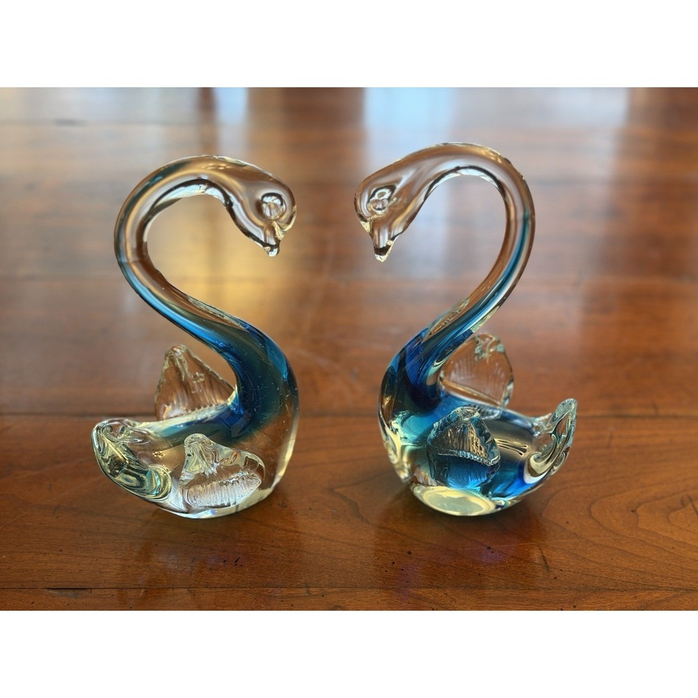 Vintage Hand Blown Art Glass Swan Figurines Clear Blue Sommerso Style Pair Set 2